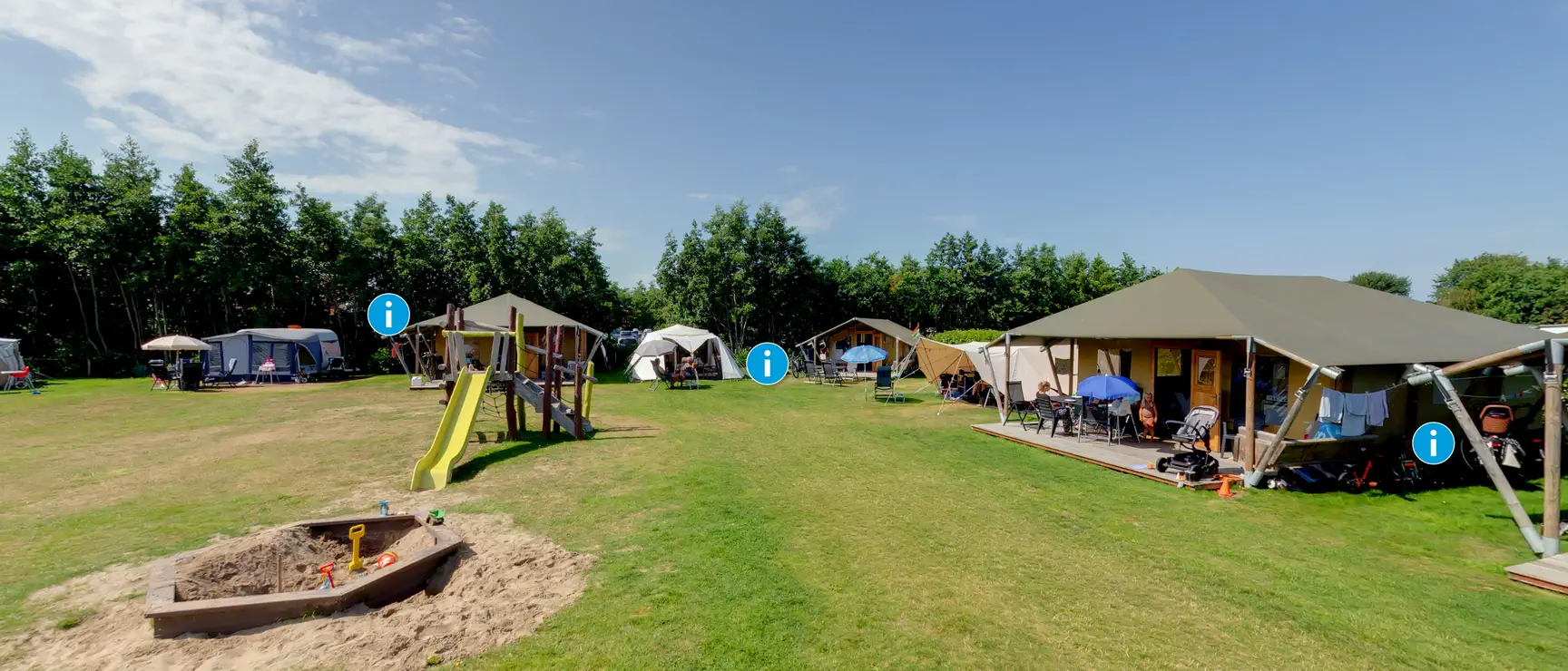 360°-overzicht van de ligging van de huurtenten op het vakantiepark